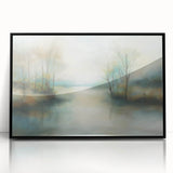 Framed abstract landscape artwork in acrylic, showcasing vibrant colors and dynamic shapes, elegantly displayed with a sleek black frame from a front view perspective.