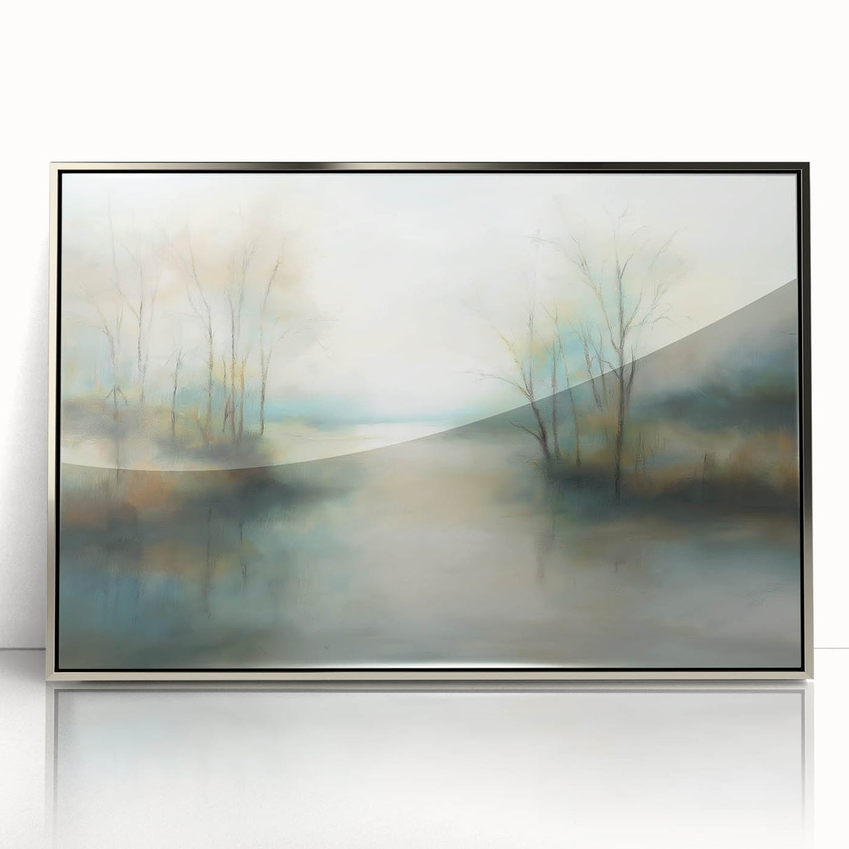 Framed abstract landscape artwork in silver acrylic, showcasing a serene mountain scene with soft blue and gray hues, perfect for modern home decor.