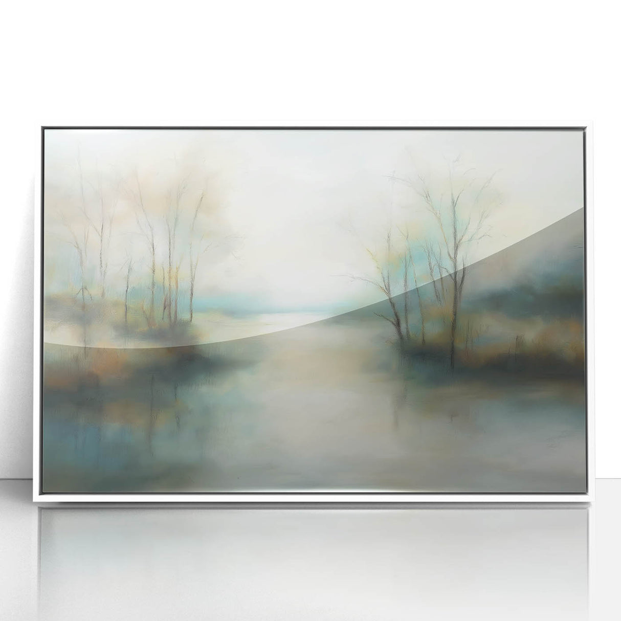 Framed acrylic art piece depicting an abstract landscape with soft colors of blue and beige, ideal for modern home decor. Perfect for enhancing living spaces with a serene aesthetic.