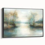 Framed abstract landscape canvas art in a modern black frame, showcasing vibrant colors and fluid shapes, ideal for contemporary home decor. Perfect accent piece for living rooms or offices.