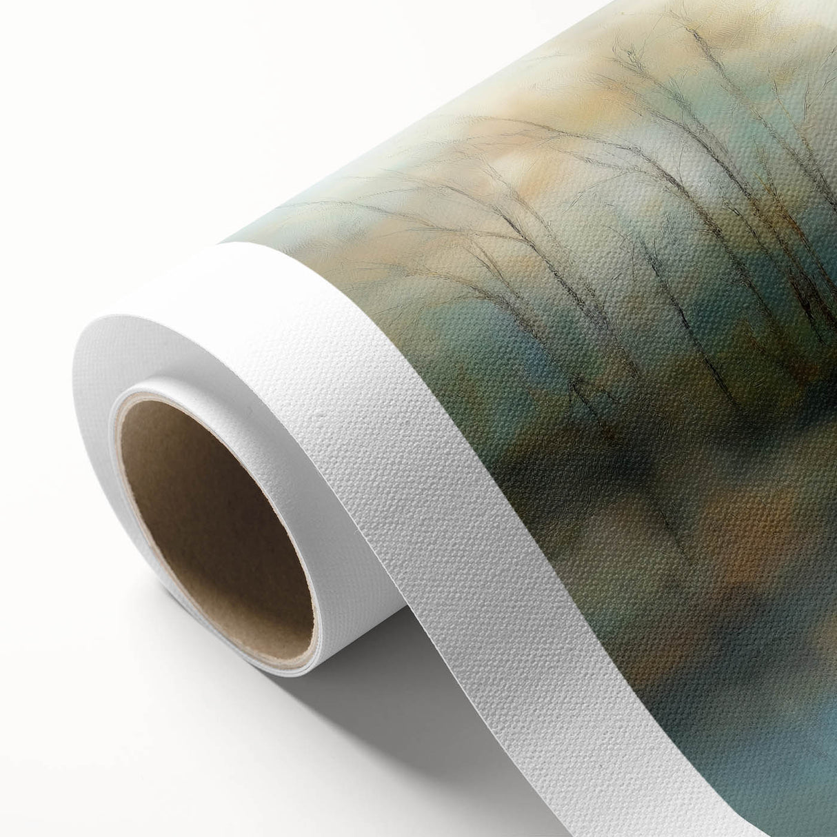 Abstract landscape rolled canvas artwork showcasing vibrant hues of blue, green, and gold, ideal for modern home decor. Perfect for adding a touch of elegance to living spaces.