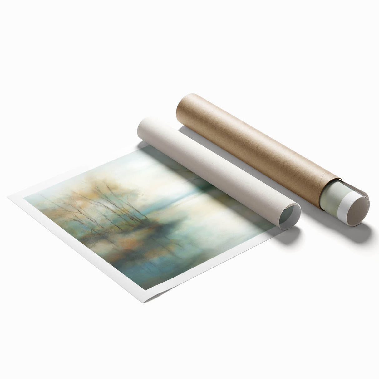 Abstract landscape art print showcasing vibrant colors and fluid shapes, rolled and ready for display. Ideal for modern home decor, enhancing any space with its unique design.