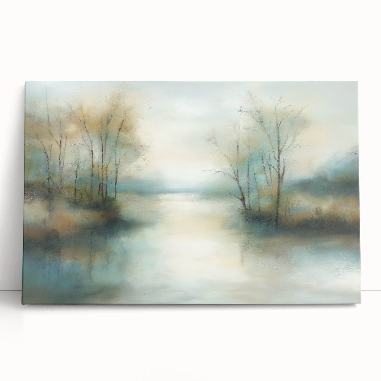 Abstract landscape canvas artwork showcasing vibrant colors and fluid shapes, elegantly leaning against a neutral wall, perfect for modern home decor.