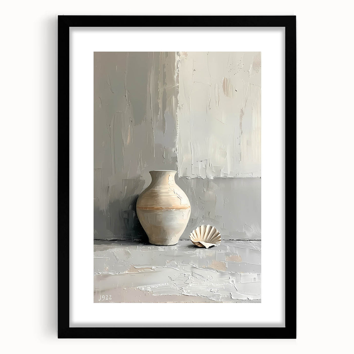 Abstract minimalist wall art framed in black, showcasing soft geometric shapes in neutral tones, ideal for modern home decor.