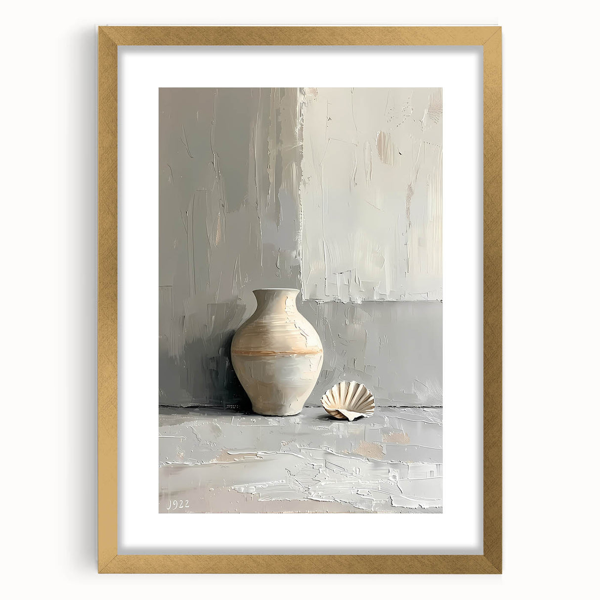 Abstract minimalist wall art framed with a gold mat, showcasing geometric shapes in soft pastel colors, perfect for modern home decor and elegant aesthetics.