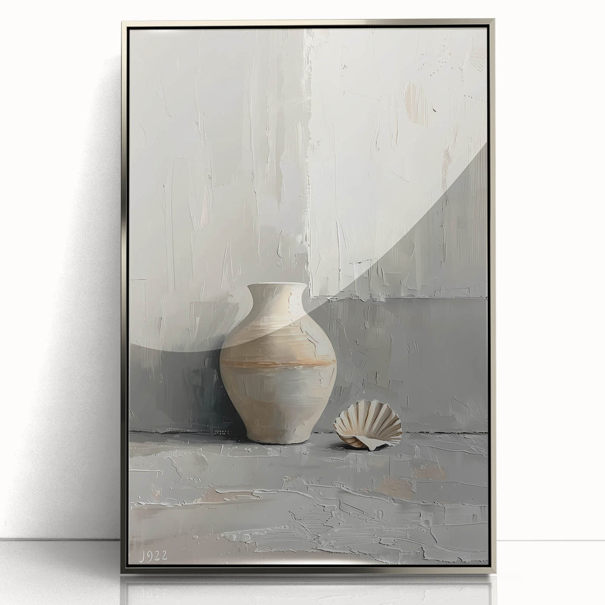 Framed abstract minimalist wall art featuring a silver-colored acrylic design, showcasing geometric shapes and soft lines, ideal for modern home decor.