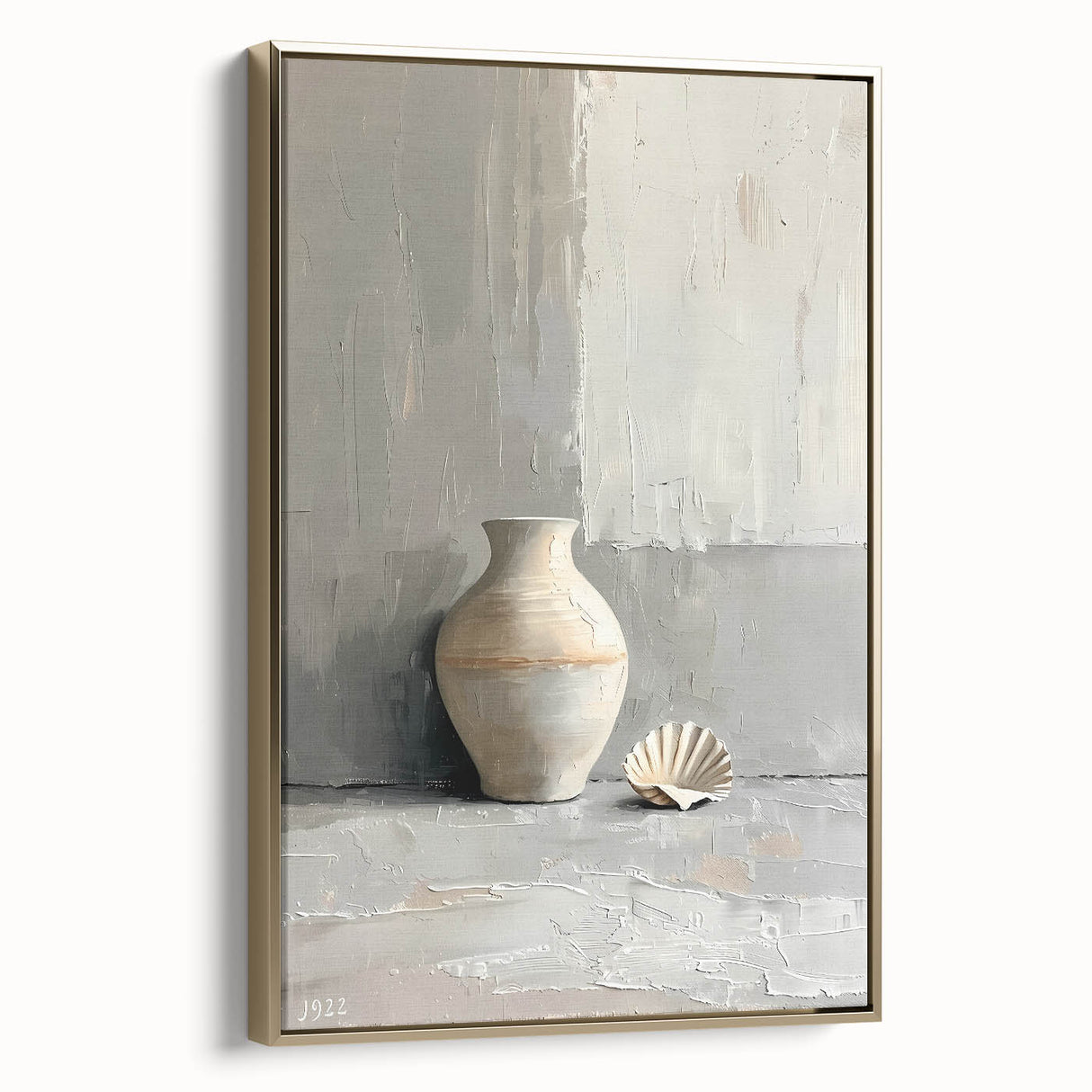 Framed abstract minimalist wall art featuring a gold design, showcasing a sleek side view. Ideal for modern home decor, adding a touch of elegance to any room.