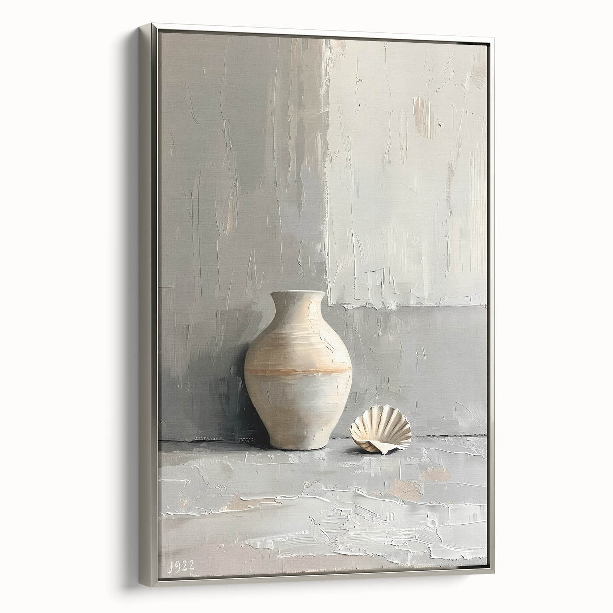 Framed abstract minimalist wall art featuring a silver color palette, displayed in a side view to highlight its sleek design and elegant finish, perfect for modern decor.