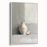 Framed abstract minimalist wall art displayed in a sleek white frame, showcasing dynamic shapes and soft color palette, perfect for modern interior decor.