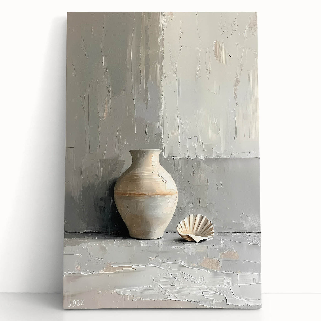 Abstract minimalist wall art on stretched canvas, showcasing soft pastel colors and geometric shapes, leaning against a neutral wall, adding elegance to modern decor.
