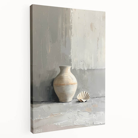 Abstract minimalist wall art on stretched canvas showcasing soft hues of blue and beige, elegantly displayed from a side view, perfect for modern decor.
