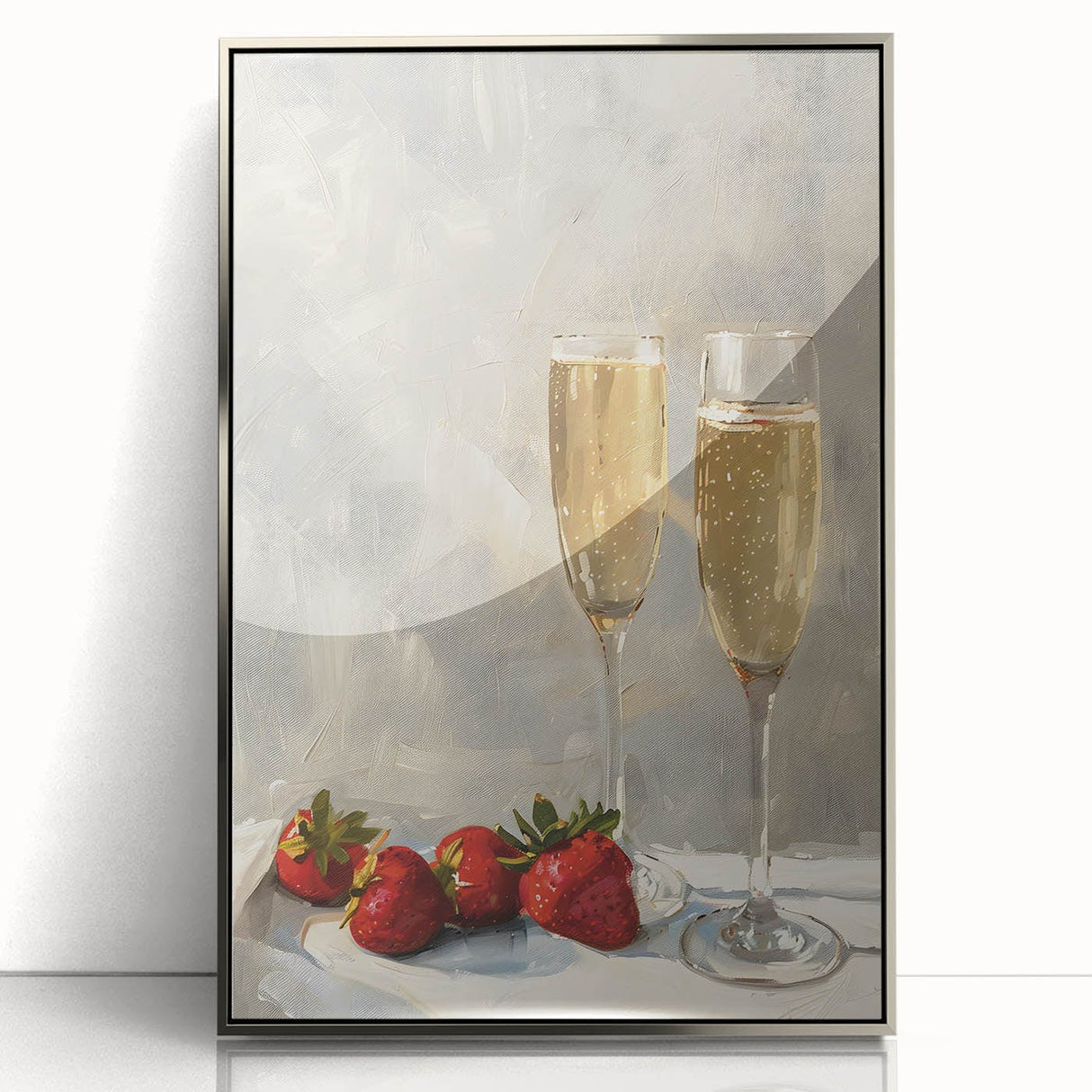 Mid-century modernist art depicting various foods and drinks in bold colors on a silver-framed acrylic panel.