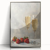 Mid-century modernist art depicting various foods and drinks in bold colors on a silver-framed acrylic panel.