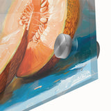 Large abstract wall art featuring assorted fruits in bold, vibrant colors on acrylic glass, ideal for dining room decor.