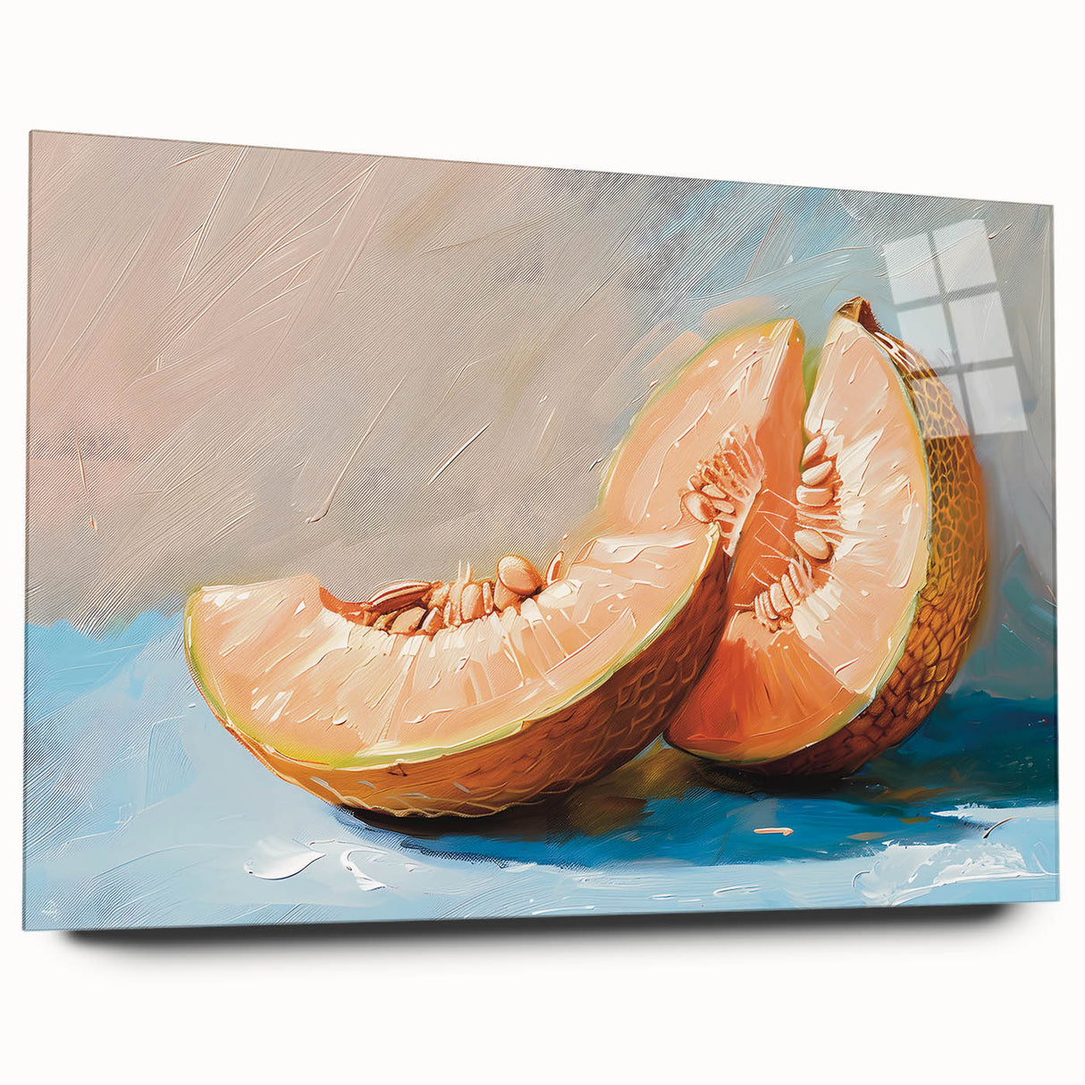 Large abstract wall art of assorted fruits in vibrant colors on acrylic glass, ideal for dining room decor.