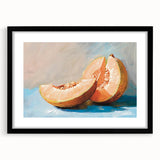 Extra large abstract art print of colorful, textured fruits on a black framed canvas, ideal for living room decor.