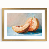 Extra large abstract art print featuring textured fruits in vibrant colors on a gold-framed canvas.