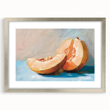 Textured abstract art print featuring assorted fruits in muted colors, framed with a silver mat.