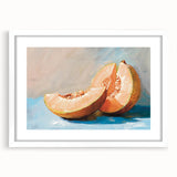 Abstract art print of assorted fruits in vibrant colors on a white framed mat, ideal for dining room decor.
