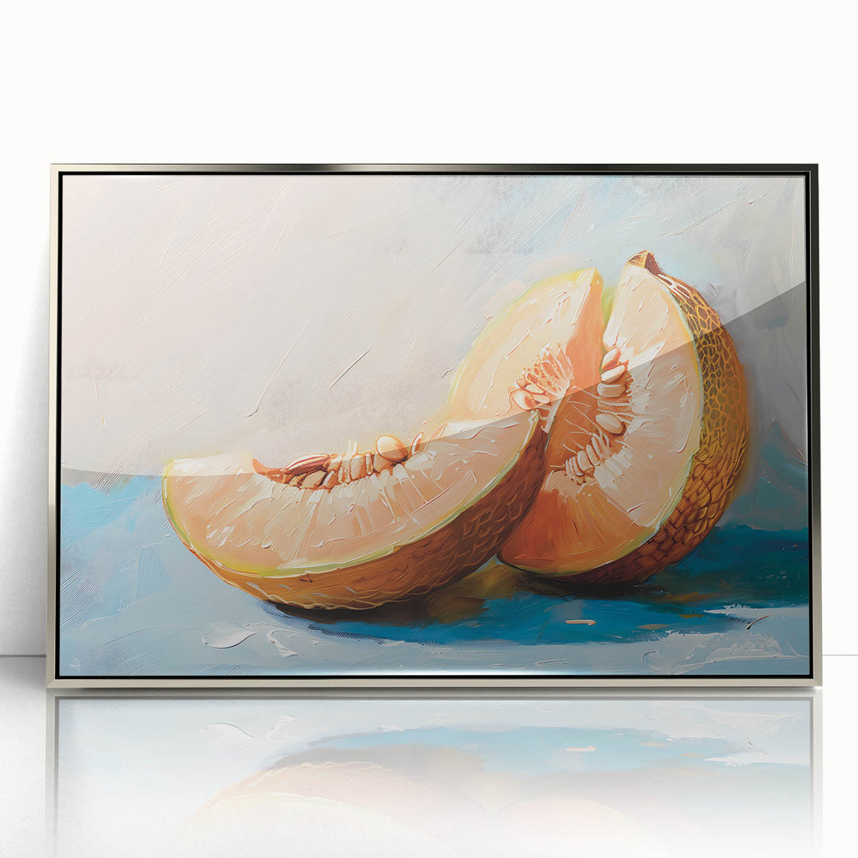 Mid-century modernist art featuring assorted fruits in vibrant colors on a silver-framed acrylic print.