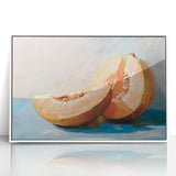 Art deco poster of assorted fruits in vibrant colors, framed in white acrylic, suitable for modern nursery decor.