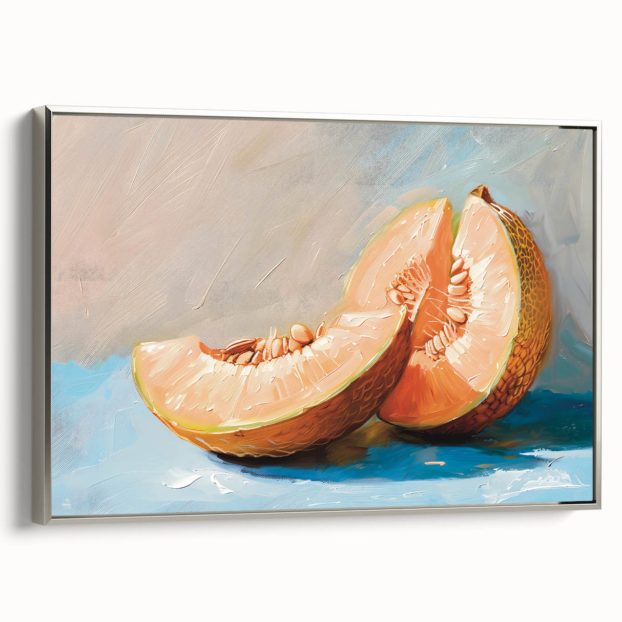 Landscape art painting featuring colorful fruits on a black background, framed in silver, ideal for dining room decor.