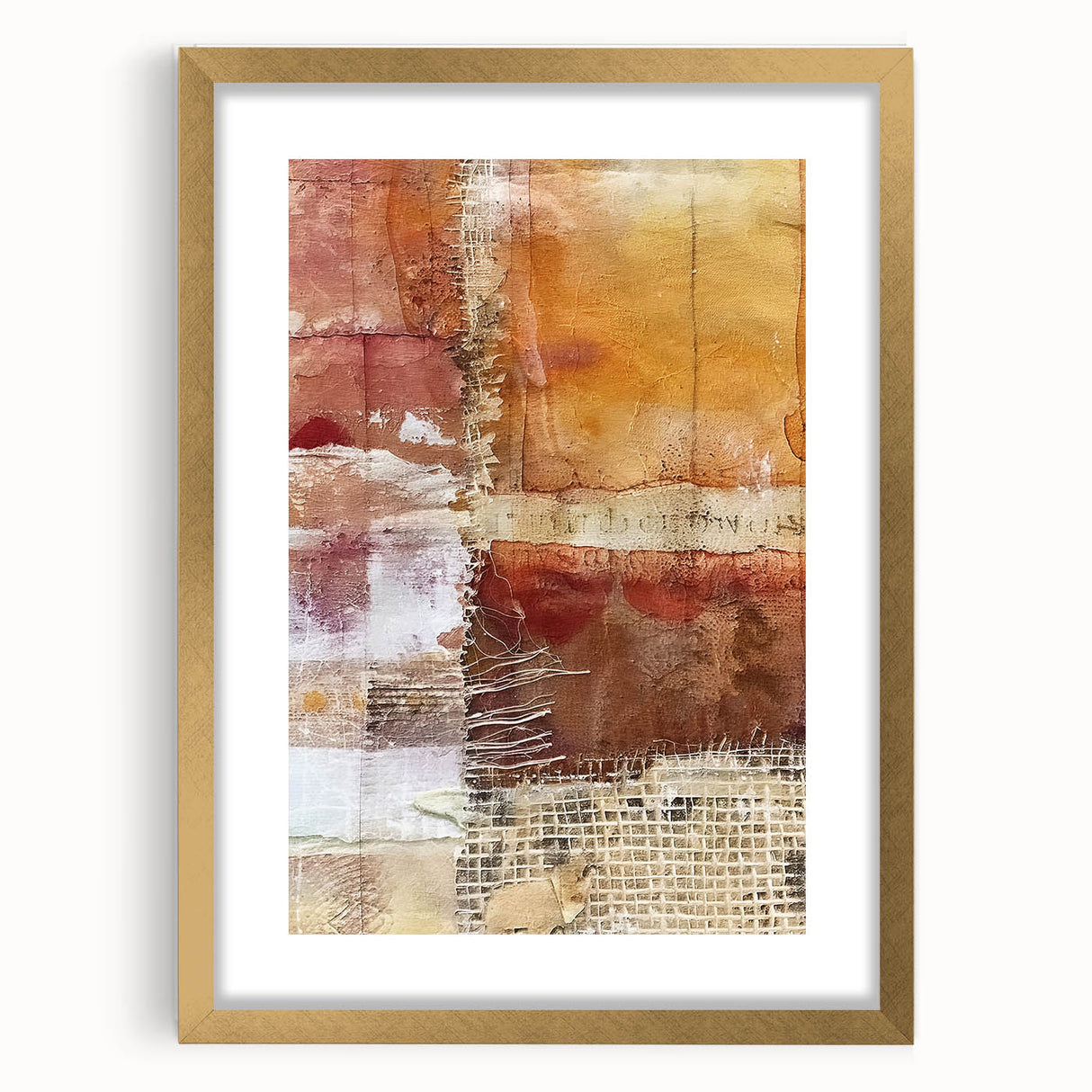 Extra large abstract art print with textured fall hues in a gold frame, ideal for living room decor.