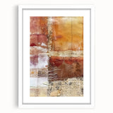 Abstract art print featuring autumnal orange and brown hues on a white framed canvas, ideal for dining room decor.