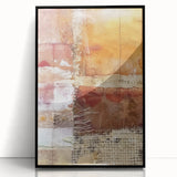 Large abstract wall art in autumnal shades on acrylic, framed in black, embodying mid-century modernist style.