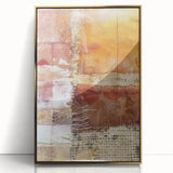 Large art print of a mid-century modernist fall scene in muted orange and brown, acrylic framed.