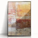 Mid-century modernist art depicting autumn trees in orange and brown tones, silver-framed acrylic print.
