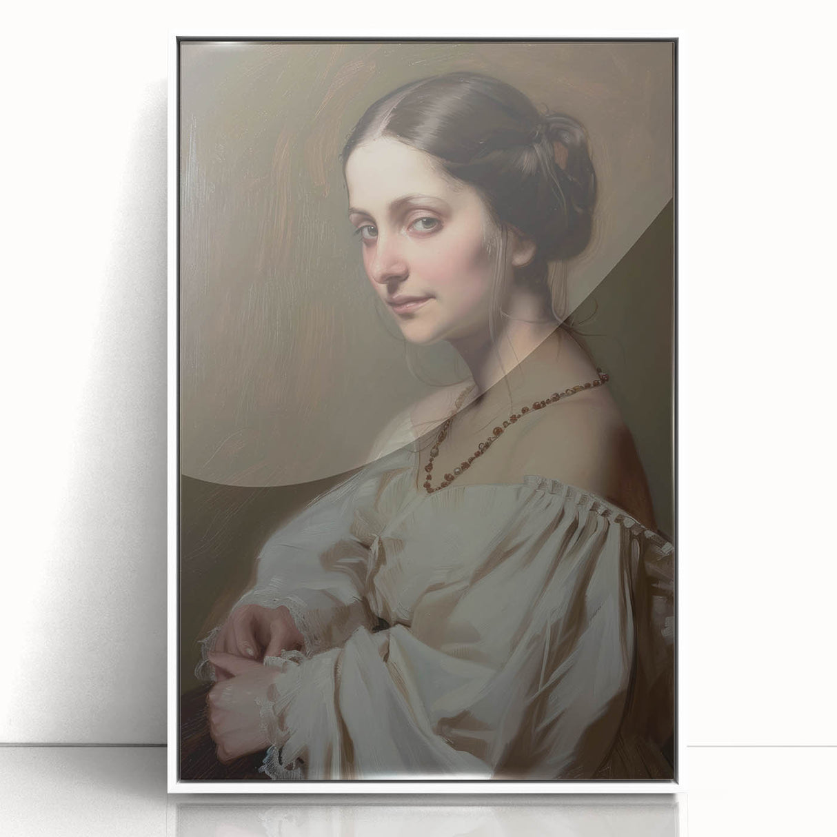 Framed abstract figurative artwork in acrylic featuring soft white tones and dynamic shapes, ideal for modern home decor and artistic displays.