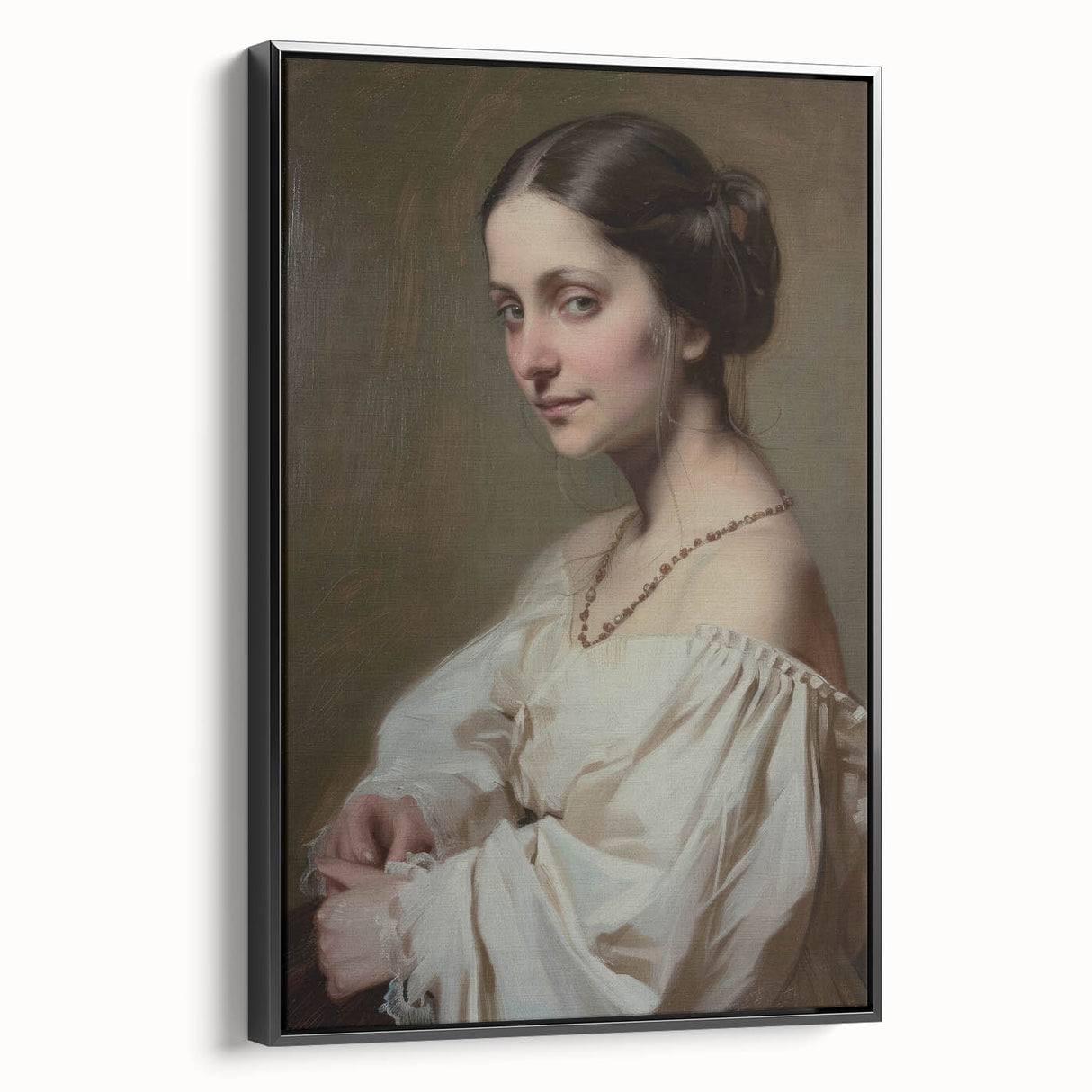 Abstract figurative framed canvas artwork in a sleek black frame, showcasing bold colors and dynamic shapes, ideal for modern home decor or office spaces.