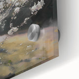 Colorful abstract floral acrylic artwork displayed in a close-up view, highlighting vibrant hues of pink, green, and gold on sleek glass. Ideal for modern decor.