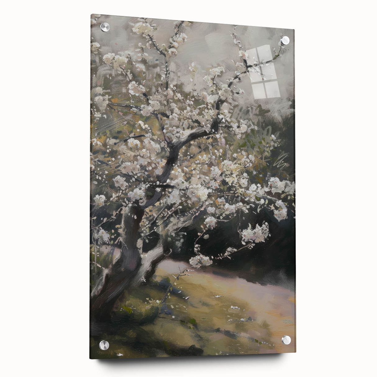 Abstract floral design on acrylic glass art piece in side view, showcasing vibrant colors and intricate patterns, mounted with decorative pins for display.