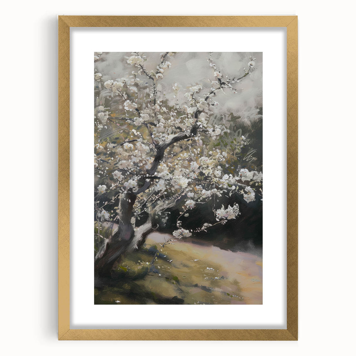 Abstract floral design framed in gold with a mat, showcasing vibrant colors and intricate patterns, perfect for home decor or artistic display.