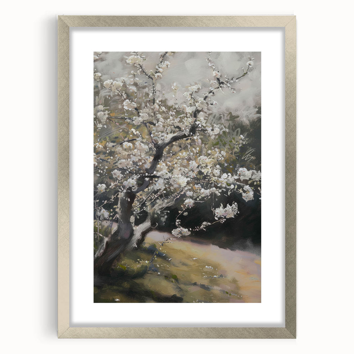 Abstract floral print framed in silver, showcasing intricate designs with vibrant colors, ideal for modern home decor or art enthusiasts.