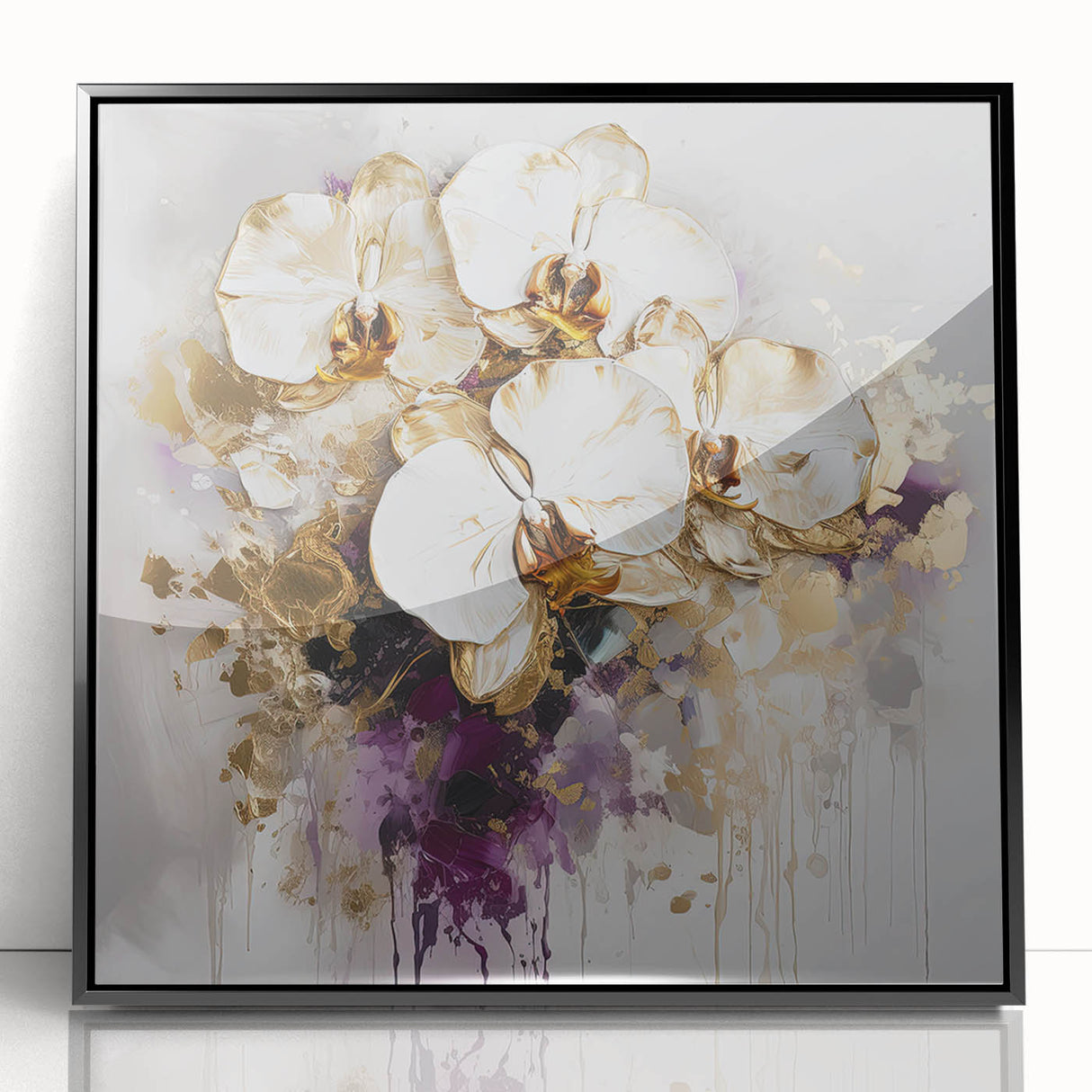 Framed acrylic artwork showcasing vibrant abstract florals in shades of pink, blue, and gold, set against a sleek black background, perfect for modern home decor.