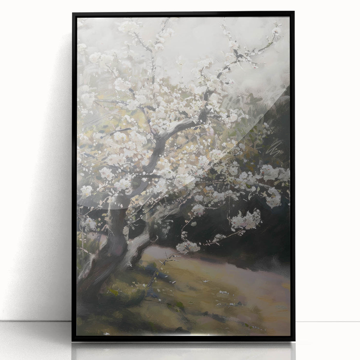 Framed acrylic artwork showcasing an abstract floral design in vibrant colors, featuring a sleek black frame, ideal for modern home decor or office spaces.