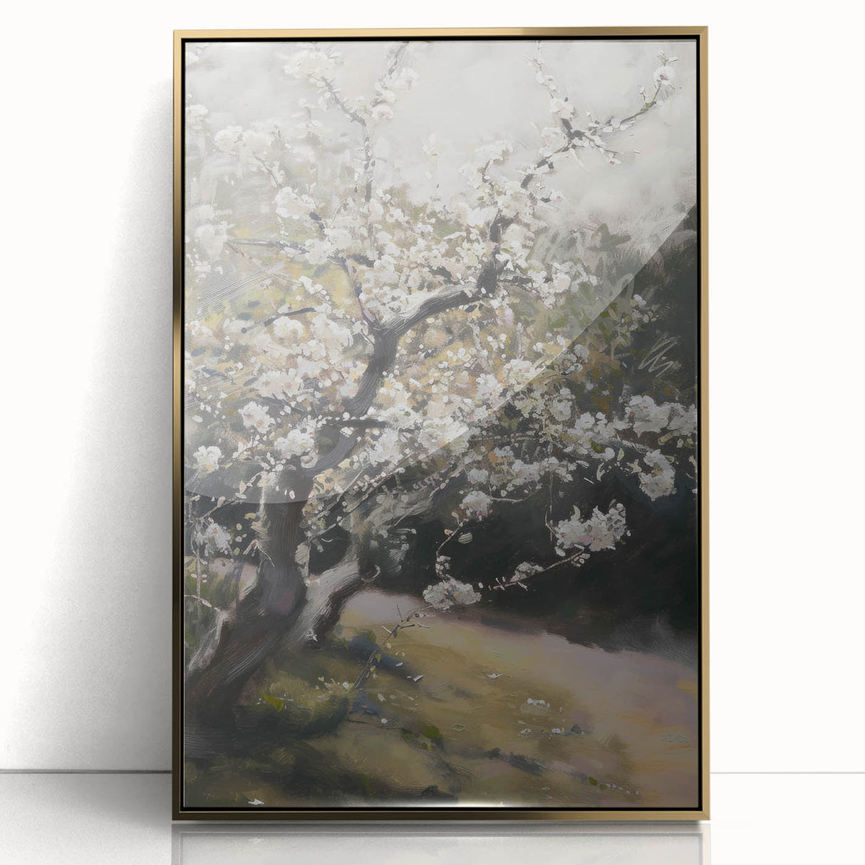 Framed abstract floral artwork with gold accents, showcasing a vibrant, colorful design on acrylic, perfect for modern home decor and interior styling.