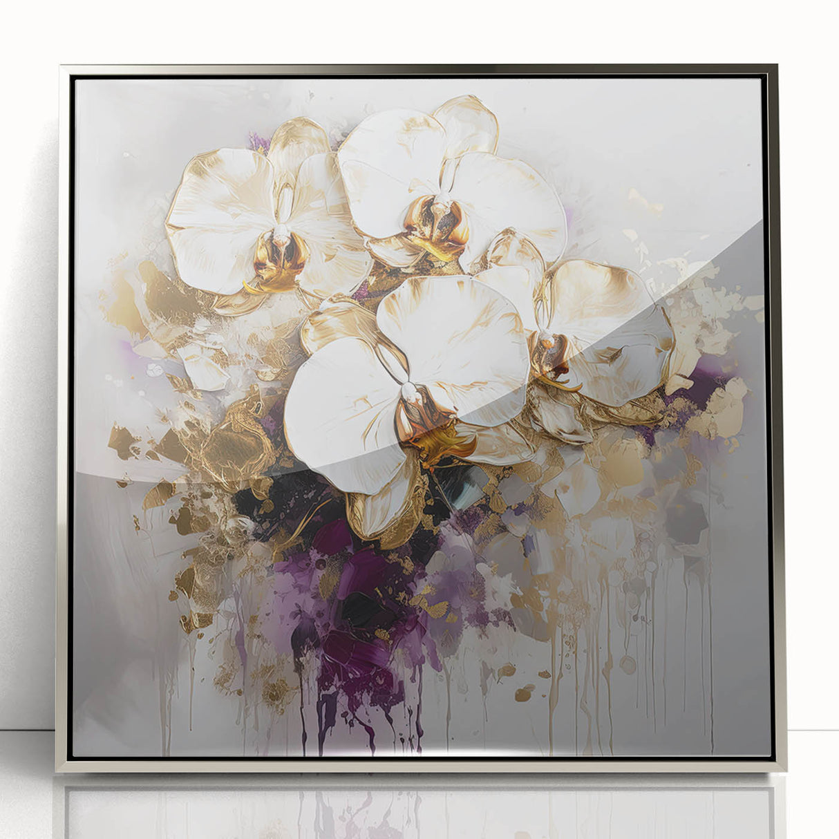 Framed abstract floral artwork in silver acrylic, showcasing vibrant colors and intricate designs, perfect for modern home decor or artistic display.