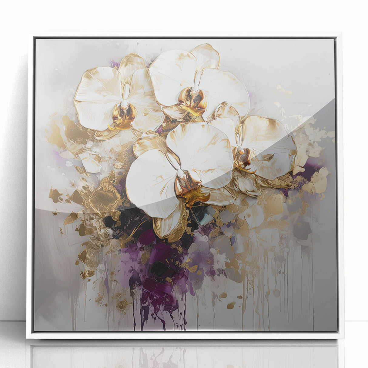 Framed acrylic artwork showcasing an abstract floral design with vibrant colors, set against a sleek white background, ideal for modern home decor.