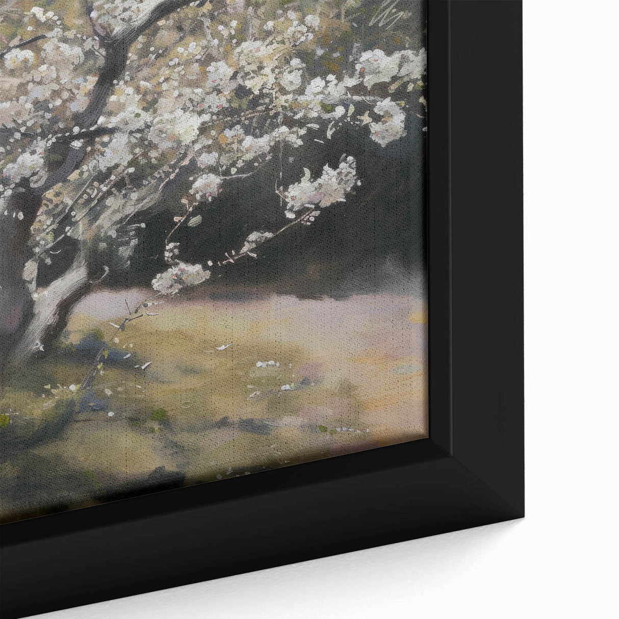 Close-up of a framed canvas showcasing vibrant abstract floral artwork with intricate brush strokes in shades of blue, pink, and green, ideal for modern decor.