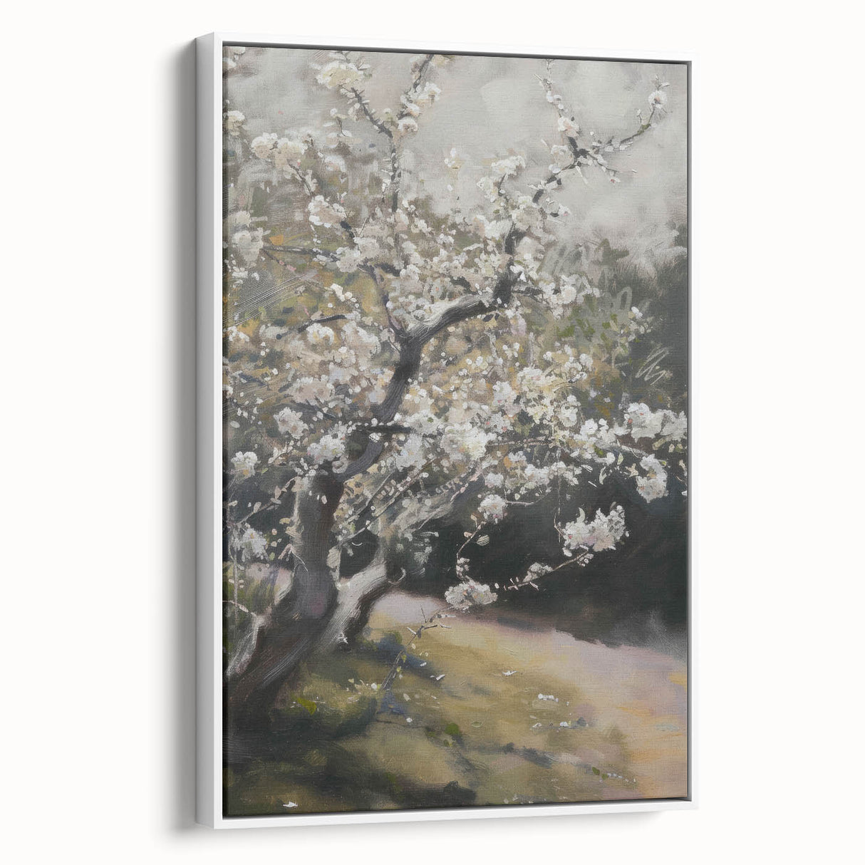 Framed canvas artwork featuring abstract floral designs in soft pastel colors, displayed in a modern white frame, ideal for contemporary home decor.
