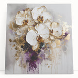 Stretched canvas artwork showcasing vibrant abstract floral designs in bold colors, leaning against a neutral wall, perfect for modern home decor.