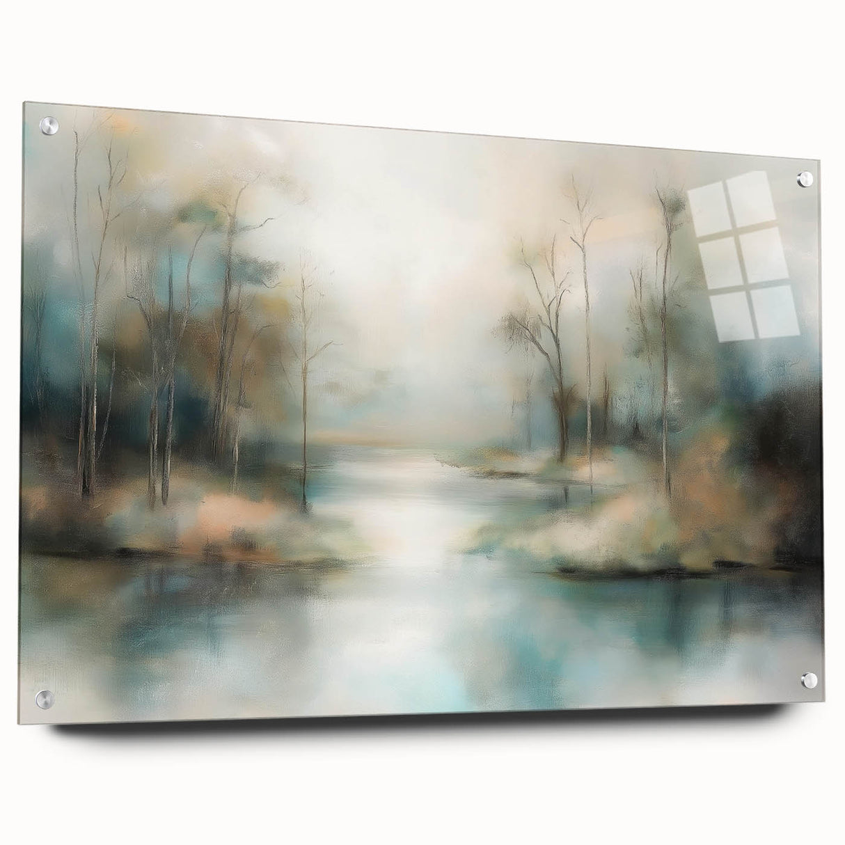 Abstract landscape artwork displayed in acrylic glass, showcasing vibrant colors and dynamic shapes. The side view highlights the artwork's depth and texture, perfect for modern decor.