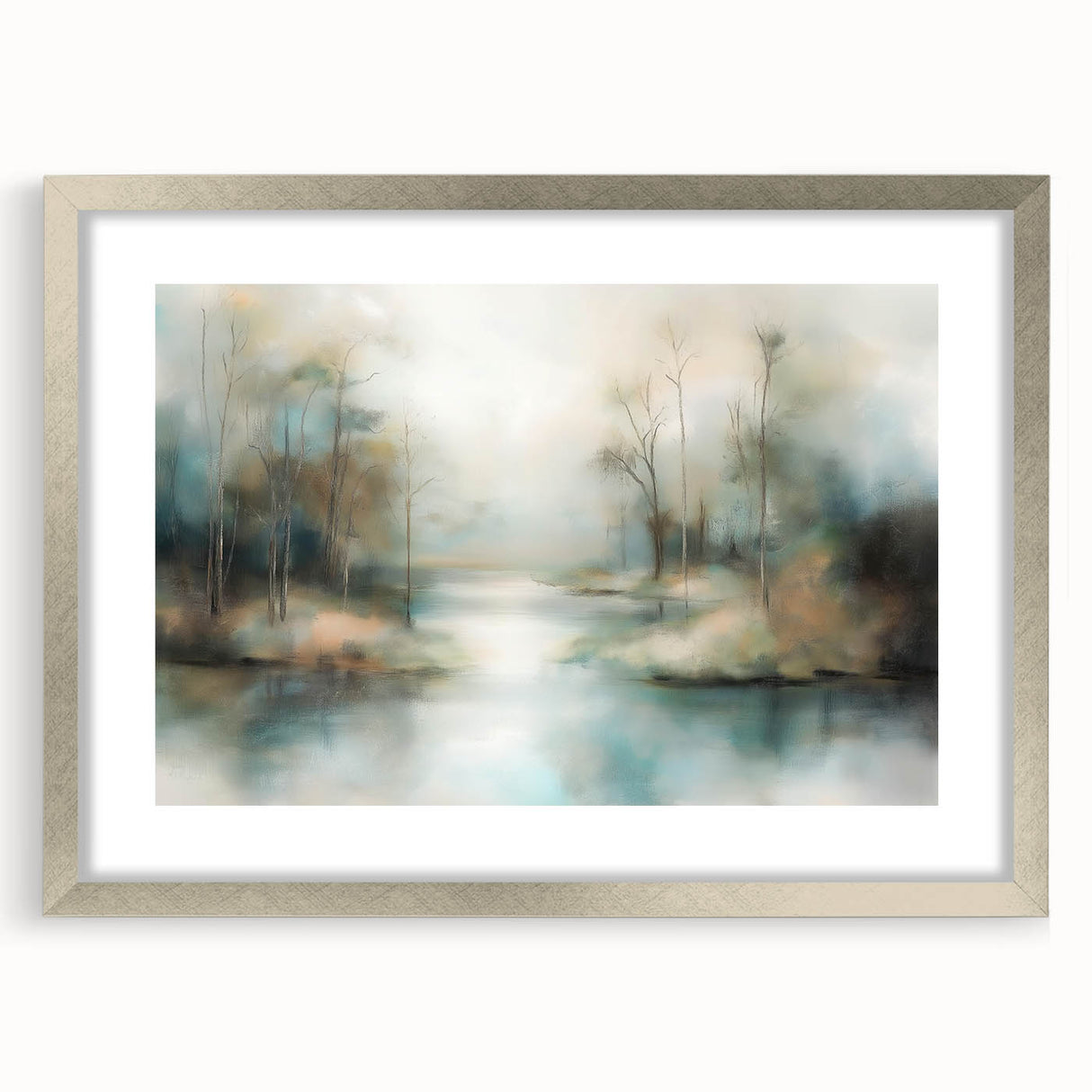 Abstract landscape art frame with a silver mat, showcasing vibrant colors and intricate detailing, perfect for enhancing modern home decor.