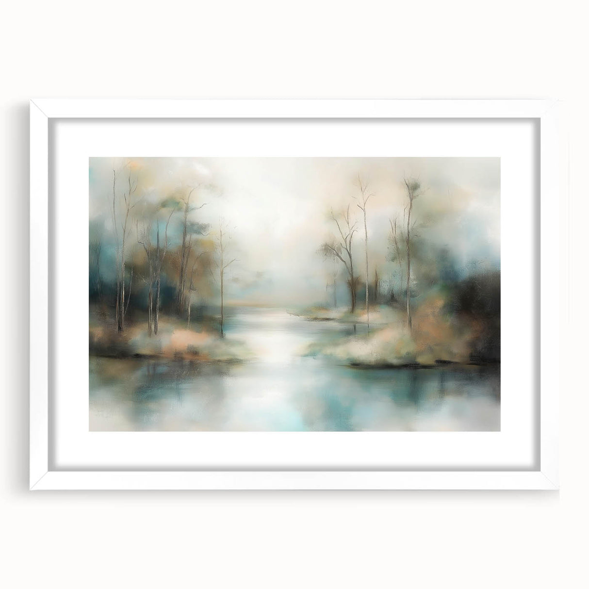 Abstract landscape framed print with a white mat, showcasing a vibrant blend of colors and textures, perfect for modern home decor. Ideal for adding a touch of elegance and artistry to any room, emphasizing contemporary style and sophistication.