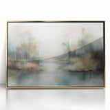 Framed abstract landscape artwork in gold acrylic, showcasing a serene blend of earthy tones and dynamic shapes, perfect for modern home decor.