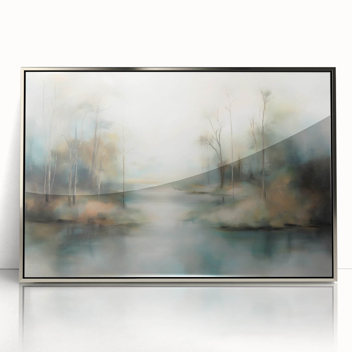 Framed abstract landscape artwork in silver acrylic, showcasing flowing lines and soft colors that evoke a serene natural scene, perfect for modern decor.
